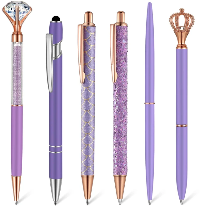 Main image of Qeeenar 6 Pcs Glitter Metal Ballpoint Pens, Purple Series