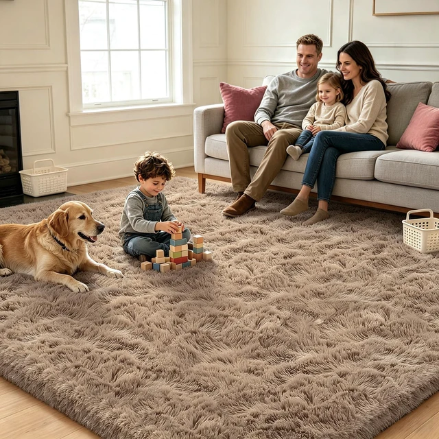 Alt view image 3 of 7 - Beige 2x4 Fluffy Shag Rug for Bedroom Bedside