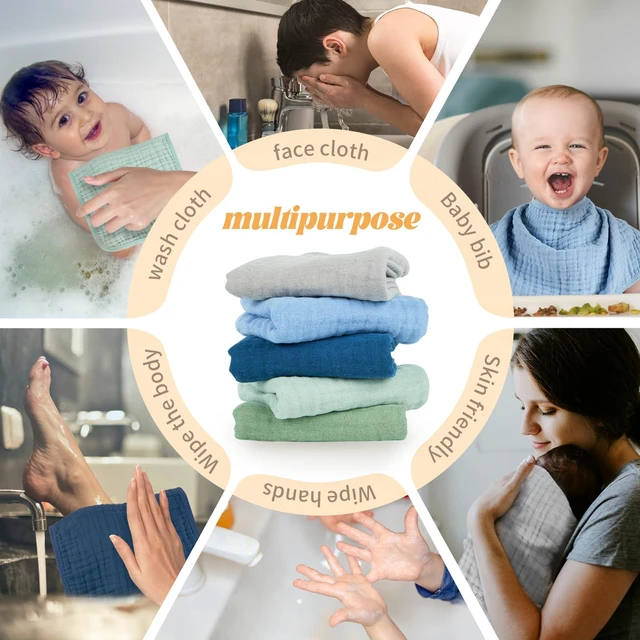 Alt view image 5 of 6 - MIGIOL 100% Cotton Muslin Baby Burp Cloths 10x20 Inches Blue & Green 5-Pack