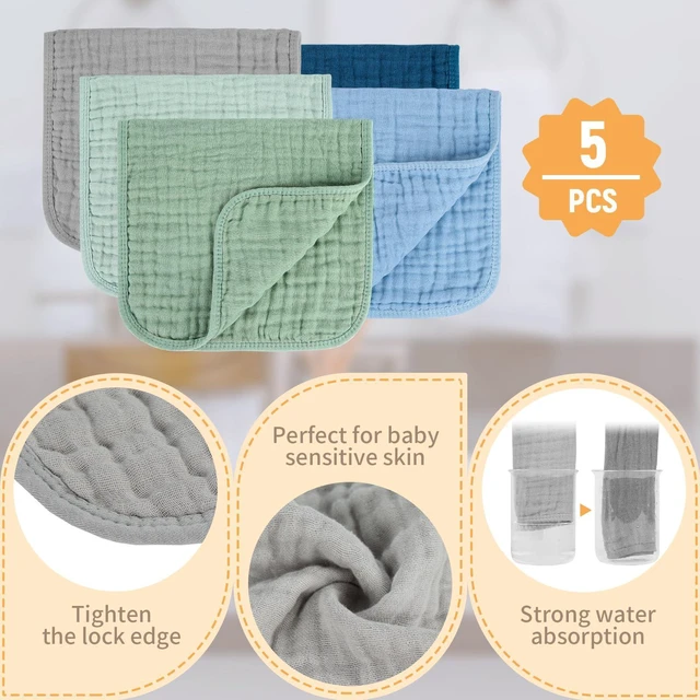 Alt view image 3 of 6 - MIGIOL 100% Cotton Muslin Baby Burp Cloths 10x20 Inches Blue & Green 5-Pack
