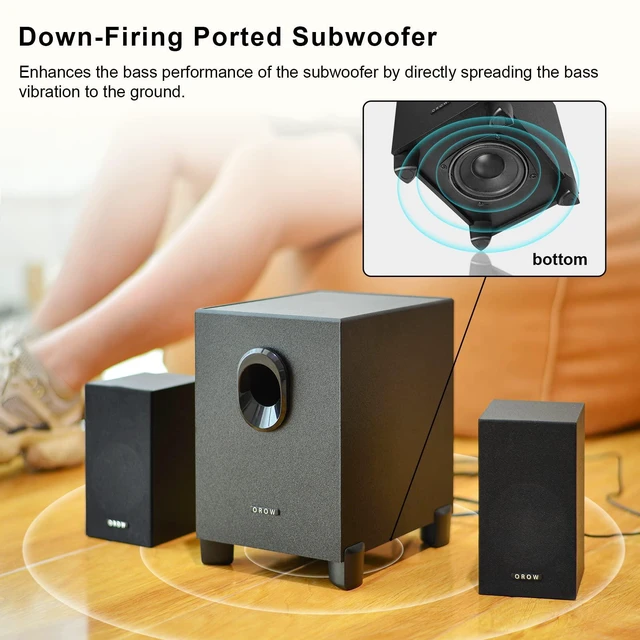Alt view image 3 of 6 - OROW S211 USB-Powered 2.1 Multimedia Speakers System with Subwoofer, 16W Computer Speakers, Strong Bass, 3.5mm Audio Inputs, for PC/PS4/TV (Wooden)