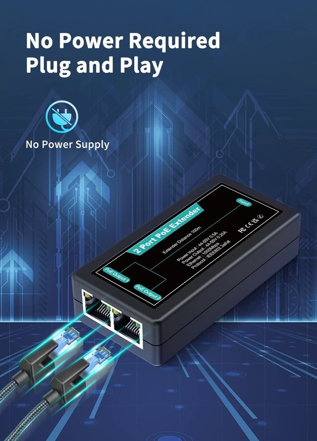 Alt view image 7 of 7 - NICGIGA 1-in-2-out Gigabit PoE Extender, 2-Port PoE Repeater 100m (328ft), IEEE 802.3af/at Power over Ethernet Splitter for 2 PoE Devices