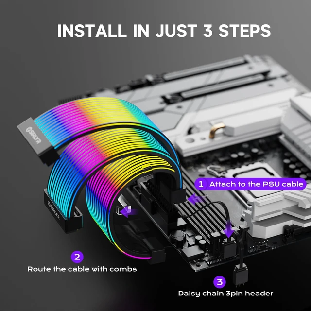 Alt view image 4 of 6 - Sirlyr Black ARGB Sleeves for GPU/ATX Cables, 8Pin/12VHPWR & 24Pin