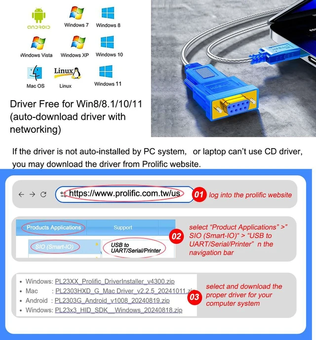 Alt view image 5 of 6 - DTECH 6ft USB 2.0 to RS232 DB9 Female Serial Adapter Cable with Prolific PL2303 Chip for Windows 11/10/8/7/Mac/Linux