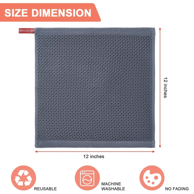 Alt view image 3 of 7 - 100% Cotton Kitchen Dish Cloths 6-Pack, 12x12in, Dark Grey