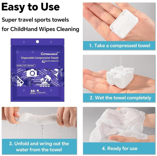 Alt view image 3 of 6 - Cottonessence Premium Compressed Towels, 9.4" x 11.8", 30 Count (Pack of 1), Individually Wrapped Cotton Wipes Tablets for Travel, Camping, Hiking, Outdoor, Beauty Salon