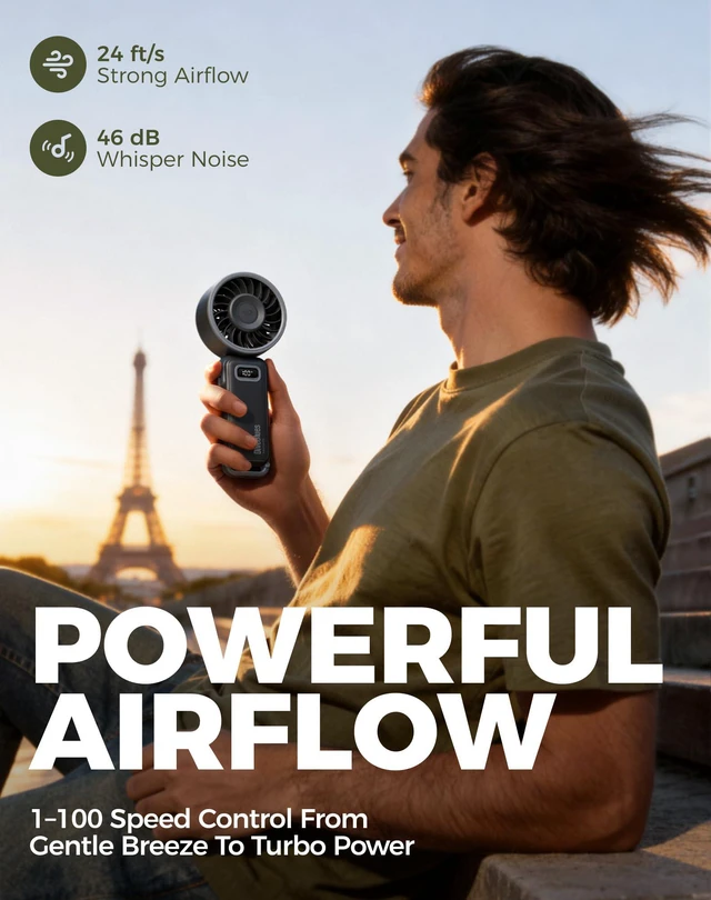 Alt view image 3 of 6 - Diveblues Portable Turbo Fan, 100-Speed Handheld Fan with Strong Airflow, Foldable 4-in-1 for Neck, Desk & Travel, USB-C Rechargeable, Lightweight for Summer, Concerts, O