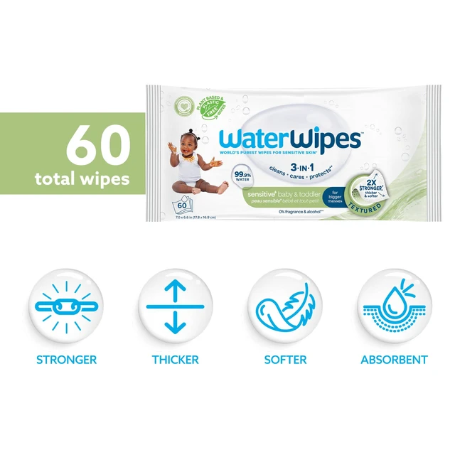 Alt view image 6 of 6 - WaterWipes Sensitive+ Baby & Toddler Wipes, 99.9% Water, Textured Clean, Unscented & Hypoallergenic, 3-In-1 Cleans, Cares, Protects, 60 Count (1 Pack)