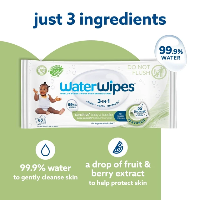 Alt view image 5 of 6 - WaterWipes Sensitive+ Baby & Toddler Wipes, 99.9% Water, Textured Clean, Unscented & Hypoallergenic, 3-In-1 Cleans, Cares, Protects, 60 Count (1 Pack)