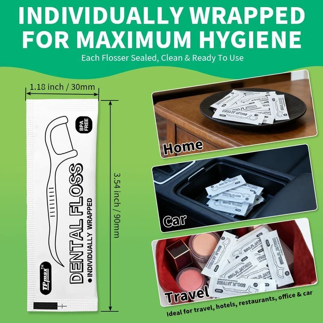 Alt view image 2 of 6 - 150 Count Dental Flossers Individually Wrapped Floss Singles Bag Travel Hotel Restaurant Office Car Flat Wire Floss Picks Oral Care Teeth Clean