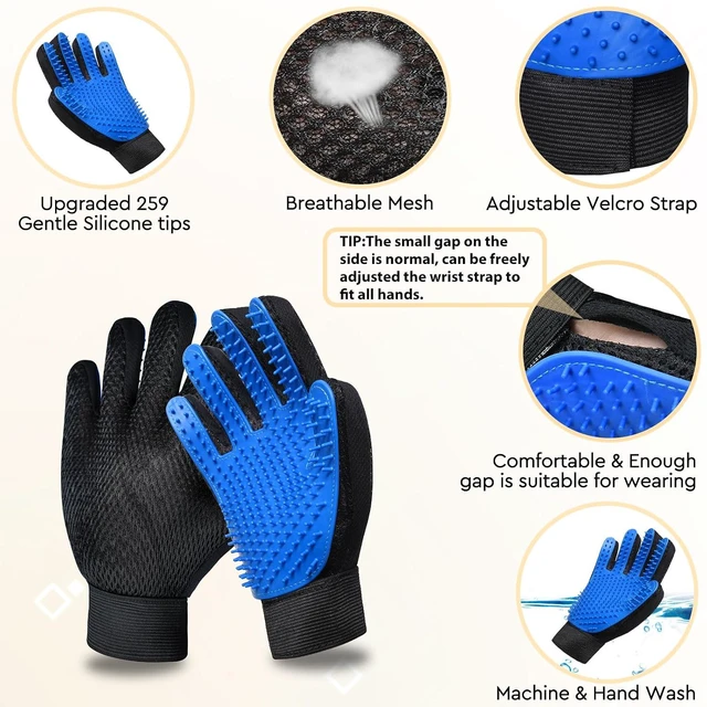 Alt view image 3 of 6 - Cat Grooming Glove Brush, 1 Pair Reusable Pet Hair Remover for Carpet, Furniture, Couch, Clothes, Eco-Friendly High Efficiency (Blue)