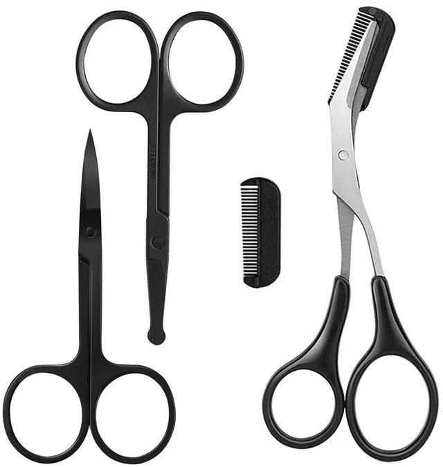 Main image of KAJUDA 3PCS Black Eyebrow Scissors with Comb, Facial Hair Grooming Scissors for Men and Women - Eyebrow Trimmer for Nose Hair, Mustache, Beard, Eyelash