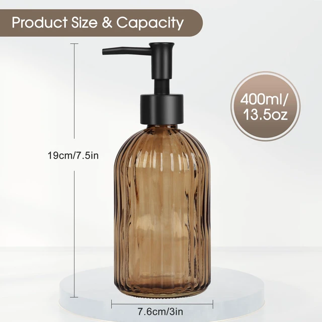 Alt view image 4 of 6 - Amber Stripe Glass Soap Dispenser with Rustproof Black Plastic Pump, 13.5oz (400ml), for Kitchen & Bathroom, for Lotions, Essential Oils, Liquid Soaps