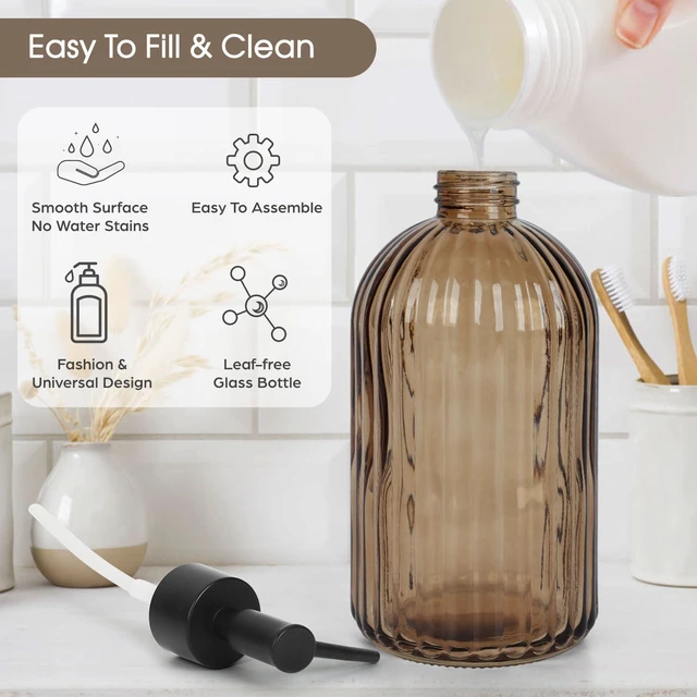 Alt view image 6 of 6 - Amber Stripe Glass Soap Dispenser with Rustproof Black Plastic Pump, 13.5oz (400ml), for Kitchen & Bathroom, for Lotions, Essential Oils, Liquid Soaps
