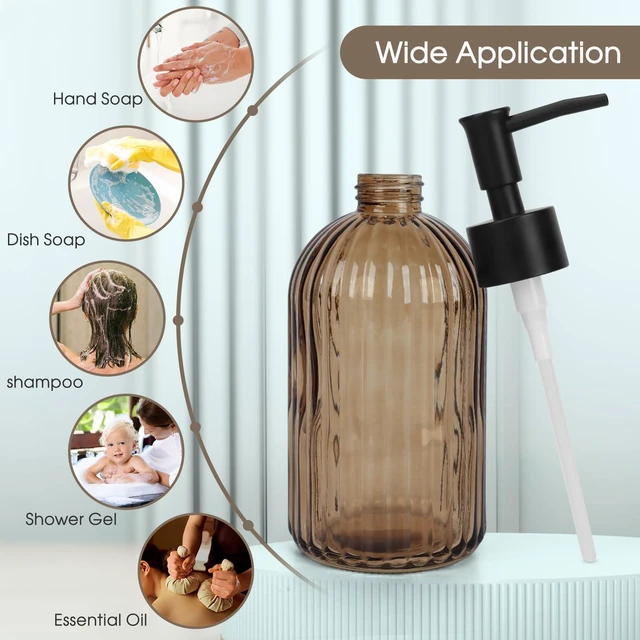 Alt view image 5 of 6 - Amber Stripe Glass Soap Dispenser with Rustproof Black Plastic Pump, 13.5oz (400ml), for Kitchen & Bathroom, for Lotions, Essential Oils, Liquid Soaps