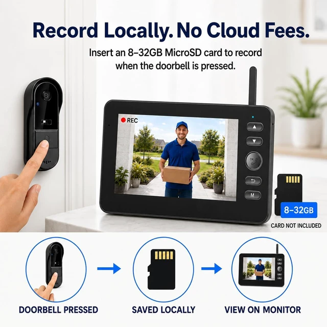 Alt view image 6 of 6 - TKMARS Wireless Doorbell Camera 1080P with Monitor, No Subscription, No App/WiFi Needed, 2-Way Talk, Waterproof, Recording & Night Vision