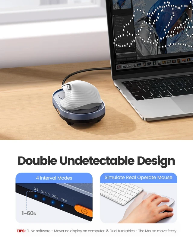Alt view image 6 of 6 - Dual Turntable Silent Mechanical Mouse Jiggler with Random Function, Undetectable Mover, Timer, Keep Computer Awake