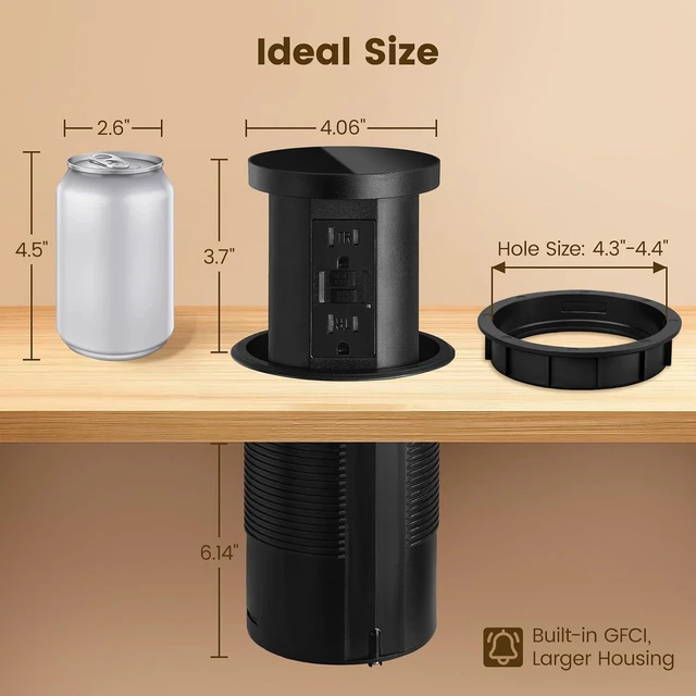 Alt view image 3 of 6 - SURAIELEC 4.3" GFCI Pop Up Countertop Outlet with 2 USB Ports, ETL Listed