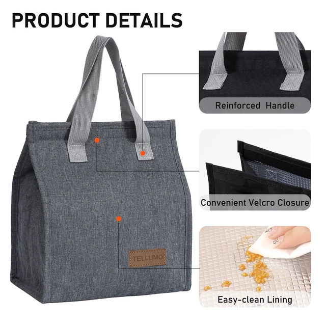 Alt view image 4 of 6 - TELLUMO Large Insulated Lunch Bag, Leakproof, Portable, Thermal, Reusable, for Men, Women, Adults, Grey