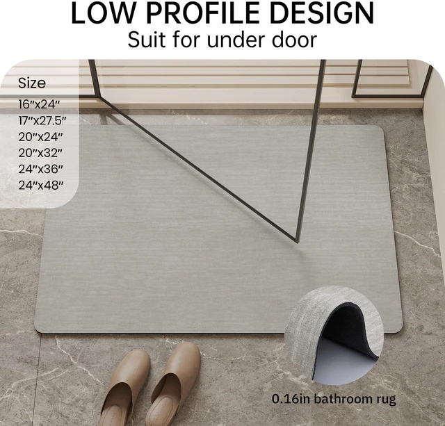 Alt view image 6 of 6 - Mecko Bath Mat 16"x24" Ultra Thin Bathroom Rug Fit Under Door Light Grey