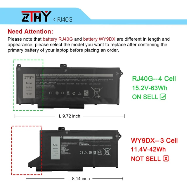 Alt view image 2 of 6 - ZTHY RJ40G 4-Cell 63Wh Replacement Laptop Battery for Dell Latitude 14 5420