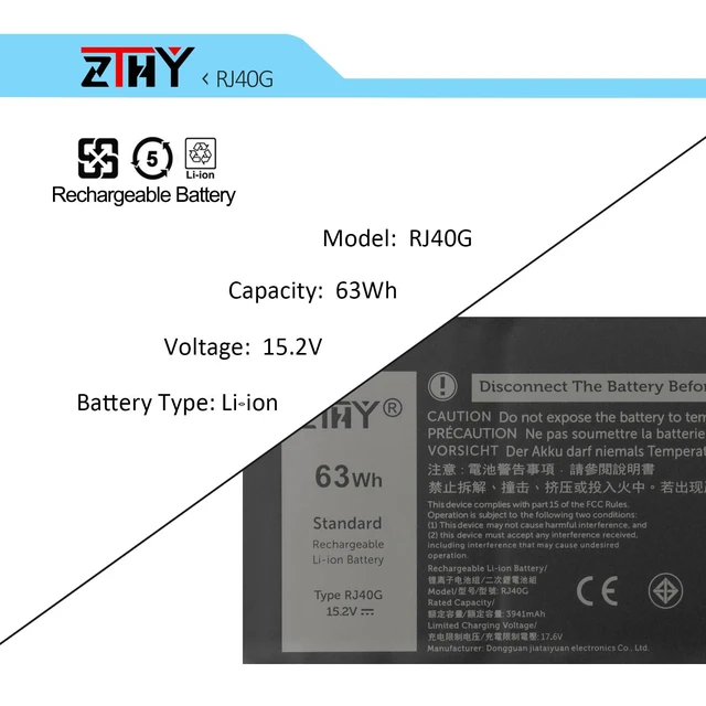 Alt view image 5 of 6 - ZTHY RJ40G 4-Cell 63Wh Replacement Laptop Battery for Dell Latitude 14 5420