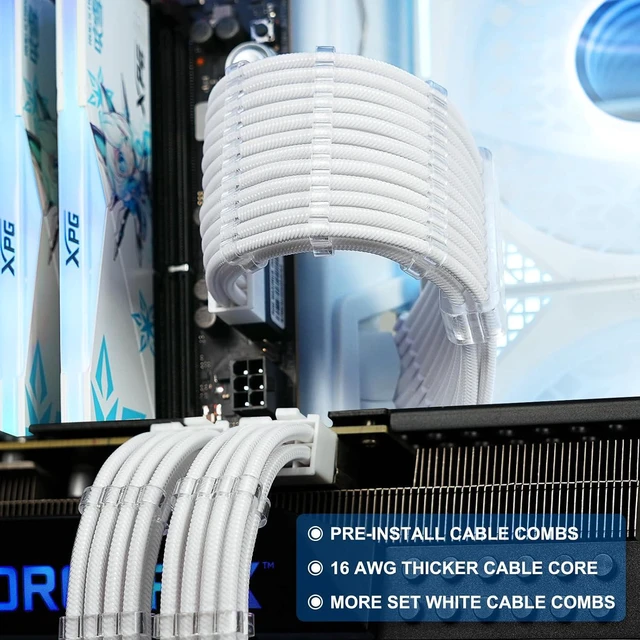 Alt view image 5 of 6 - Sirlyr White Nylon Braid PSU Extension Cables with Pre-Install Combs