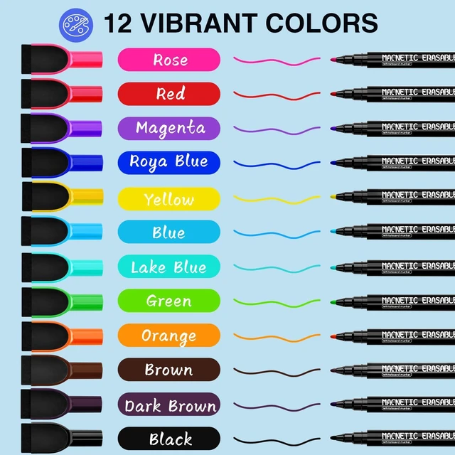 Alt view image 2 of 7 - Fine Tip Magnetic Dry Erase Markers, 12 Colors, Low Odor, with Eraser Cap