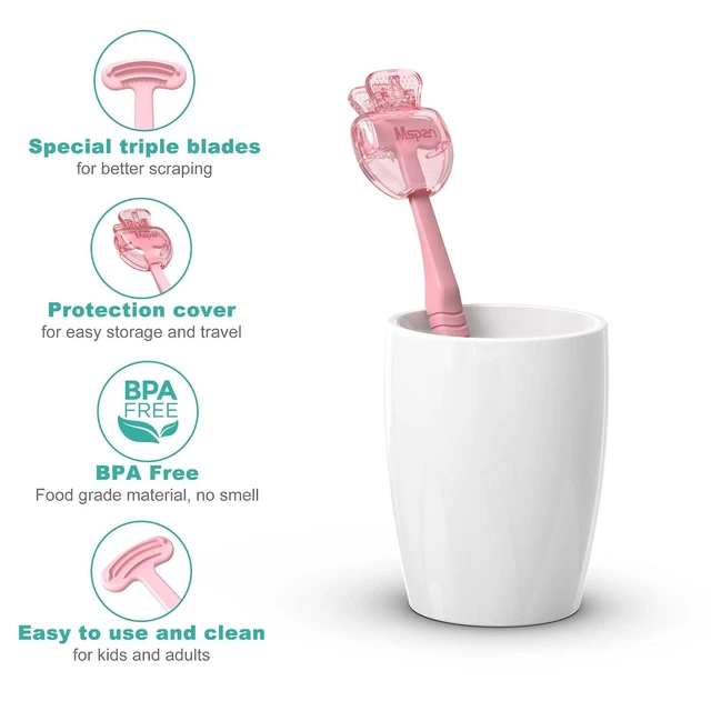 Alt view image 2 of 6 - Mspan Tongue Scraper Cleaner Brush 2 Pack, Pink White, with Plastic Travel Case Cover, Clean Oral Bad Breath for Adults and Kids