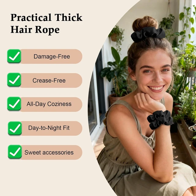 Alt view image 3 of 7 - 8PCS Black Satin Silk Scrunchies - No Crease Frizz-Free Gentle Elastic Hair Ties for Thick Thin Hair, Soft Stylish Hair Accessories Gifts