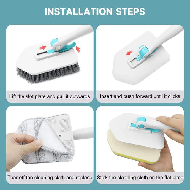 Alt view image 3 of 7 - Nacena 3-in-1 Shower Scrubber with Long Handle, 3 Detachable Cleaning Heads, Adjustable Handle, for Bathroom Kitchen Toilet Wall Sink, Blue White