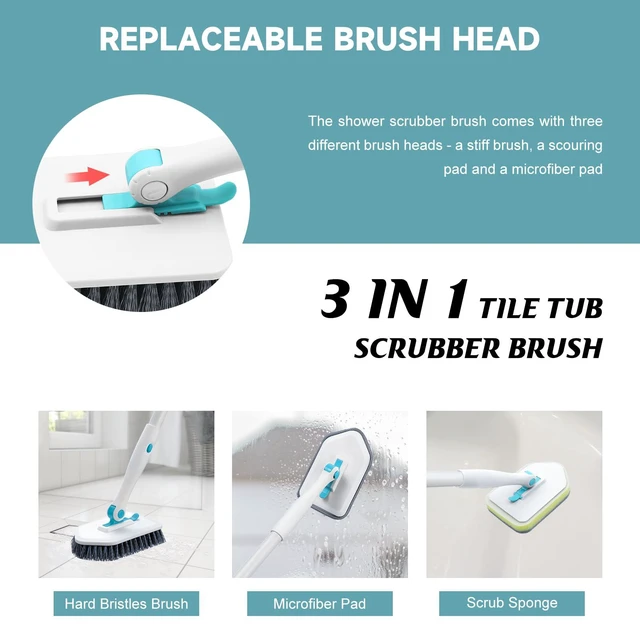Alt view image 4 of 7 - Nacena 3-in-1 Shower Scrubber with Long Handle, 3 Detachable Cleaning Heads, Adjustable Handle, for Bathroom Kitchen Toilet Wall Sink, Blue White