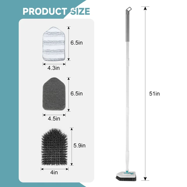 Alt view image 6 of 7 - Nacena 3-in-1 Shower Scrubber with Long Handle, 3 Detachable Cleaning Heads, Adjustable Handle, for Bathroom Kitchen Toilet Wall Sink, Blue White