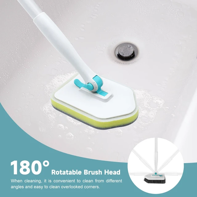 Alt view image 7 of 7 - Nacena 3-in-1 Shower Scrubber with Long Handle, 3 Detachable Cleaning Heads, Adjustable Handle, for Bathroom Kitchen Toilet Wall Sink, Blue White