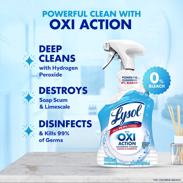 Alt view image 2 of 5 - Lysol Bathroom Cleaner OXI Action Spray, Cleaning, Sanitizing & Disinfecting, with Hydrogen Peroxide, Bleach Free, Cool Spring Breeze Scent, 32fl oz