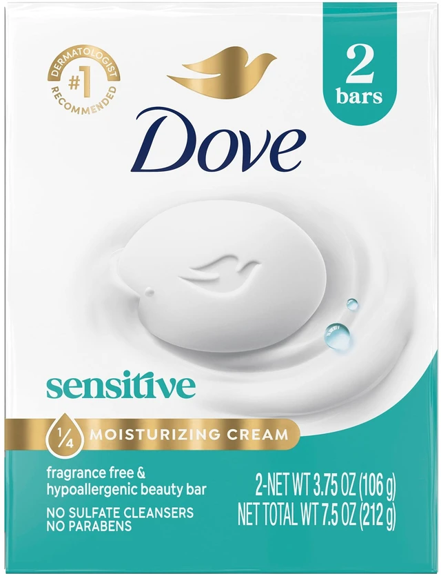 Main image of Dove Beauty Bar Soap for Sensitive Skin, Fragrance Free, Hypoallergenic, 3.75 oz, 2 Bars