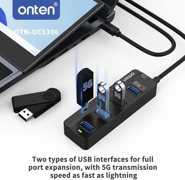 Alt view image 3 of 5 - Onten USB C Hub,7 Ports USB Type-C HUB 3.2ft Cable 4*USB3.0 Ports,3*USB-C Ports forThunderbolt 3/4 MacBook Surface Pro and More Type-C Devices