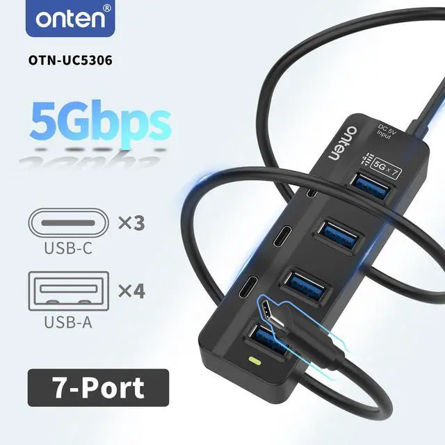 Alt view image 2 of 5 - Onten USB C Hub,7 Ports USB Type-C HUB 3.2ft Cable 4*USB3.0 Ports,3*USB-C Ports forThunderbolt 3/4 MacBook Surface Pro and More Type-C Devices