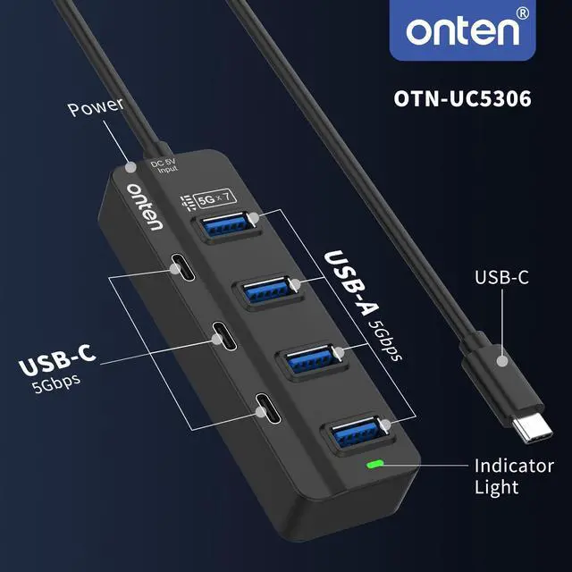 Alt view image 4 of 5 - Onten USB C Hub,7 Ports USB Type-C HUB 3.2ft Cable 4*USB3.0 Ports,3*USB-C Ports forThunderbolt 3/4 MacBook Surface Pro and More Type-C Devices