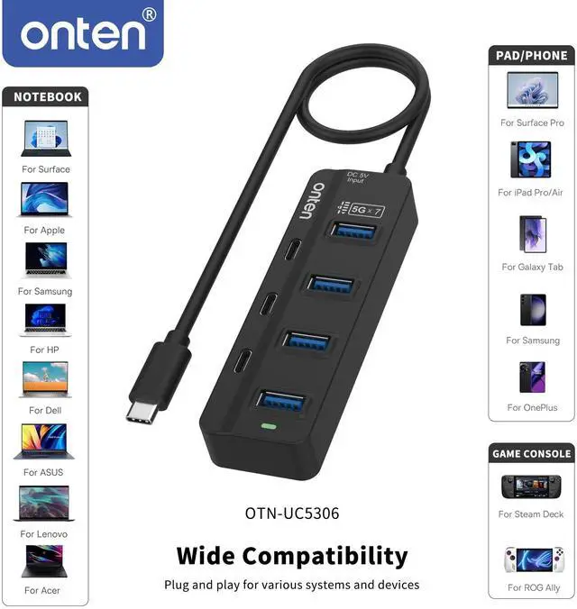Alt view image 5 of 5 - Onten USB C Hub,7 Ports USB Type-C HUB 3.2ft Cable 4*USB3.0 Ports,3*USB-C Ports forThunderbolt 3/4 MacBook Surface Pro and More Type-C Devices
