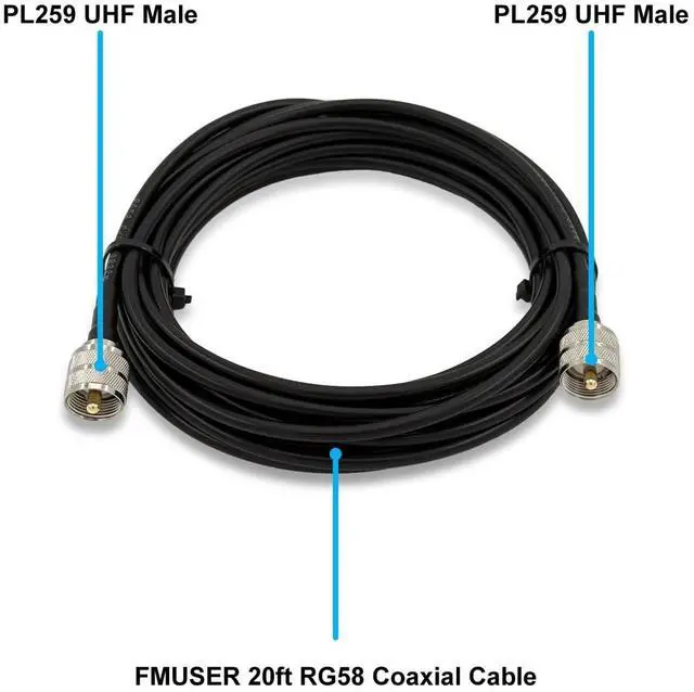 Alt view image 2 of 7 - 20ft RG58 Coaxial Cable, PL259 UHF Male to Male 50 Ohm CB Coax Cable for CB Radio, Ham Radio, Antenna