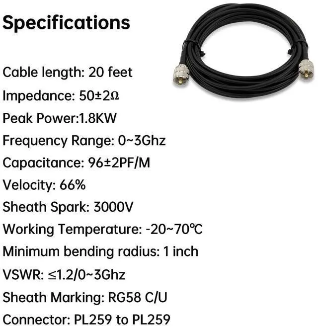 Alt view image 4 of 7 - 20ft RG58 Coaxial Cable, PL259 UHF Male to Male 50 Ohm CB Coax Cable for CB Radio, Ham Radio, Antenna
