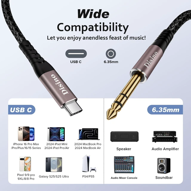 Alt view image 2 of 7 - USB C to 1/4 Inch TRS Stere Audio Cable,Type-C to 6.35mm Audio Adapter Aux Jack Stereo Cord for Smartphone,Tablet,Laptop, Amplifier,Speaker, Mixing Console - 10Feet