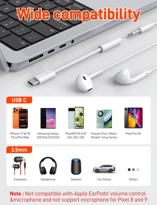 Alt view image 4 of 7 - 6 Pack USB C to 3.5mm Audio Headphone Adapter, USB C to Aux Audio Dongle Cable Cord Compatible with iPhone 17/16/15, iPad Pro, Samsung Galaxy S25 S24 S23 Ultra, Pixel 10/9/8
