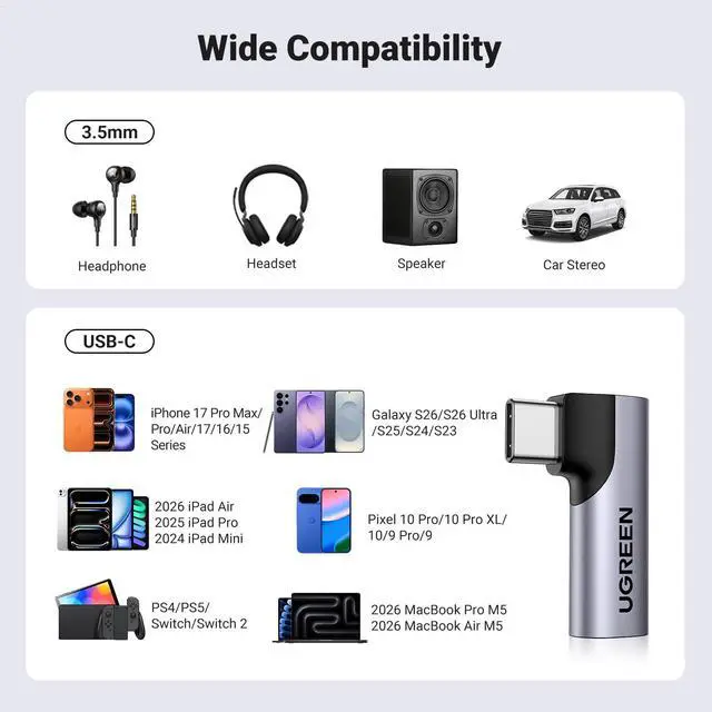 Alt view image 7 of 7 - 2 Pack USB C to 3.5mm Audio Adapter Type C Aux Headphone Jack DAC Stereo Mic HiFi Right Angle Dongle Compatible with iPhone 17 16 15 Pro Max/16 15 Plus, iPad Pro, Galaxy S26 Ultra Pixel 9, Gray