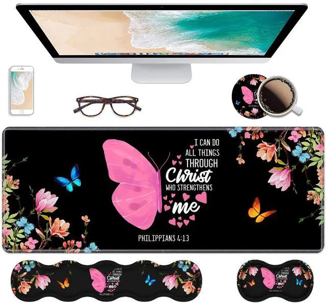 Main image of Ergonomic Keyboard Wrist Rest & Mouse Pad Wrist Rest Set,Large Gaming Desk Mat 31.5"x 11.8" with Memory Foam,Easy Typing Pain Relief for Home Office,Floral Butterfly Quote Bible Verse Philippians 4:13