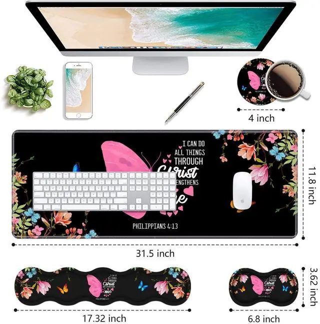 Alt view image 2 of 7 - Ergonomic Keyboard Wrist Rest & Mouse Pad Wrist Rest Set,Large Gaming Desk Mat 31.5"x 11.8" with Memory Foam,Easy Typing Pain Relief for Home Office,Floral Butterfly Quote Bible Verse Philippians 4:13