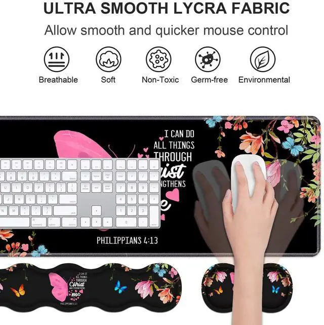 Alt view image 3 of 7 - Ergonomic Keyboard Wrist Rest & Mouse Pad Wrist Rest Set,Large Gaming Desk Mat 31.5"x 11.8" with Memory Foam,Easy Typing Pain Relief for Home Office,Floral Butterfly Quote Bible Verse Philippians 4:13
