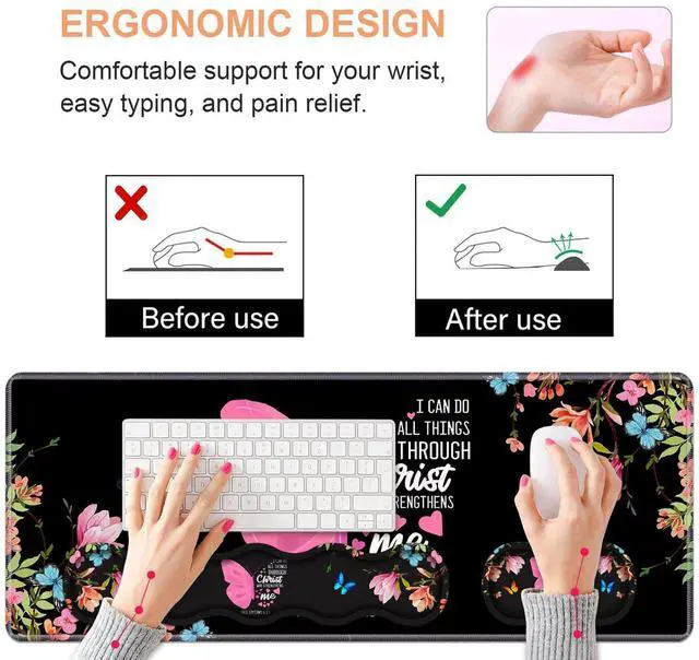 Alt view image 5 of 7 - Ergonomic Keyboard Wrist Rest & Mouse Pad Wrist Rest Set,Large Gaming Desk Mat 31.5"x 11.8" with Memory Foam,Easy Typing Pain Relief for Home Office,Floral Butterfly Quote Bible Verse Philippians 4:13
