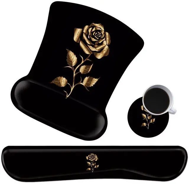 Main image of Keyboard Wrist Rest and Mouse Wrist Rest Pad Plus a Matching Coasters, Ergonomic Mousepad, Easy Typing and Relieve Wrist Pain for Computer, Laptop, Office, Gaming, Gold Rose